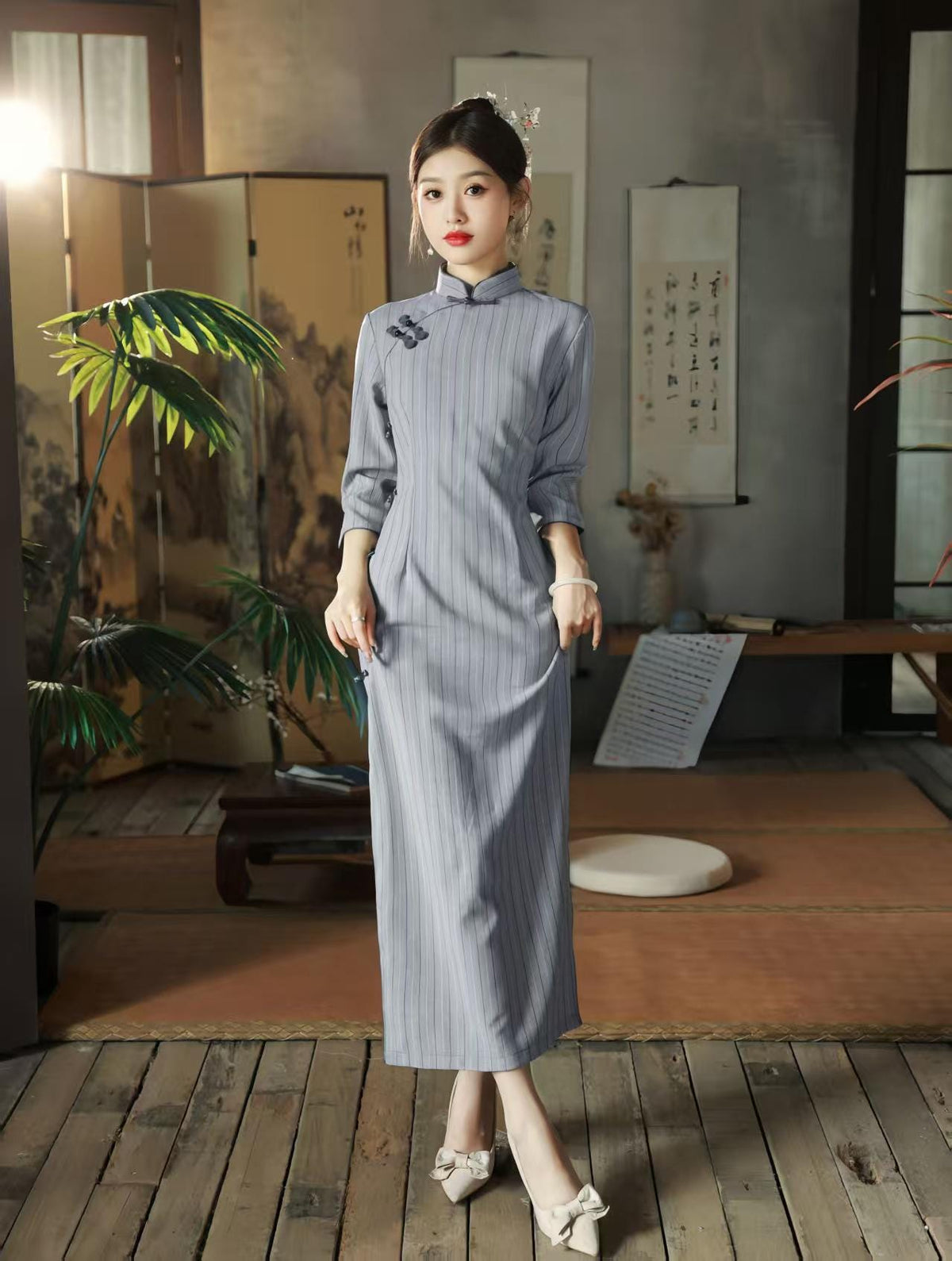 Women's Blue Vintage Qipao Cheongsam Dress – 3/4 Sleeve Fitted – additional product view