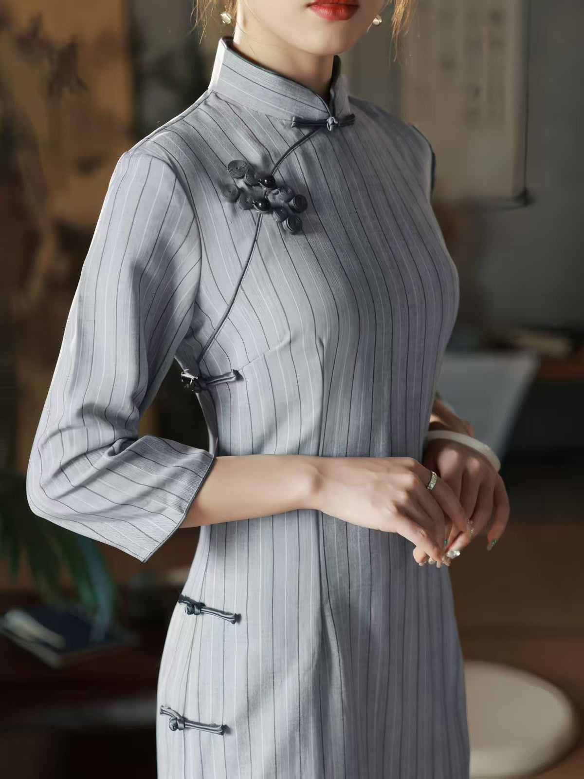 Women's Blue Vintage Qipao Cheongsam Dress – 3/4 Sleeve Fitted – additional product view