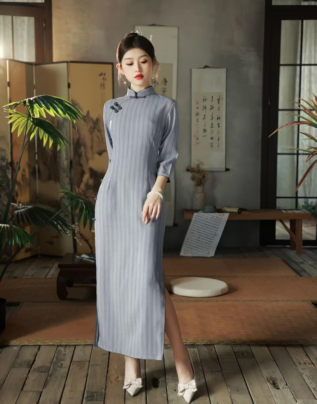 Women's Blue Vintage Qipao Cheongsam Dress – 3/4 Sleeve Fitted – additional product view
