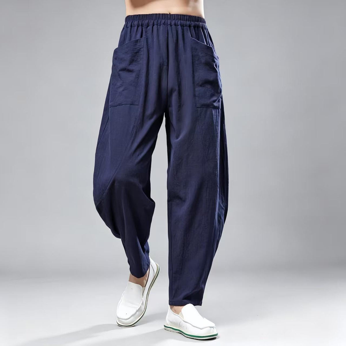 Men's Navy Linen Wide Leg Harem Pants – additional product view