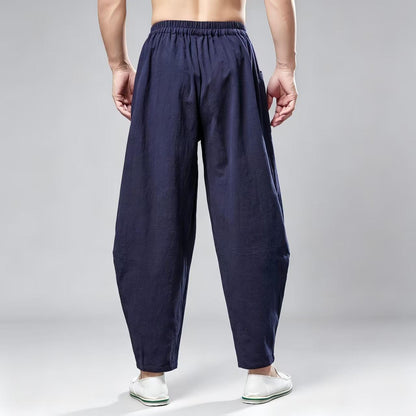 Men's Navy Linen Wide Leg Harem Pants – additional product view