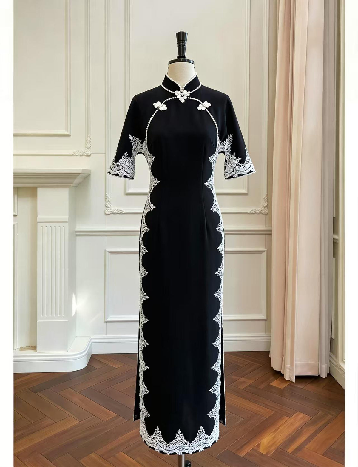 Women's Black Vintage Velvet Qipao Cheongsam Dress – additional product view