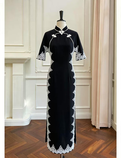 Women's Black Vintage Velvet Qipao Cheongsam Dress – additional product view