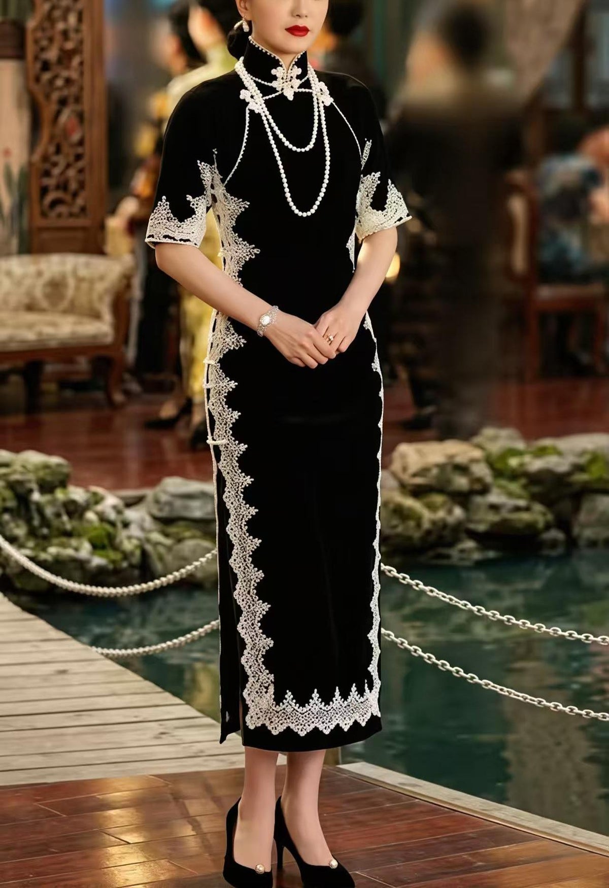 Women's Black Vintage Velvet Qipao Cheongsam Dress