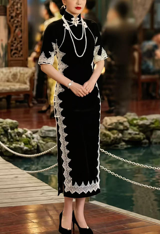 Women's Black Vintage Velvet Qipao Cheongsam Dress