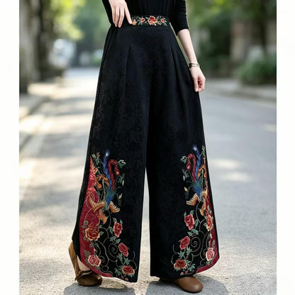 Women's Floral Embroidered Vintage Chinese Style Wide-Leg Pants – additional product view