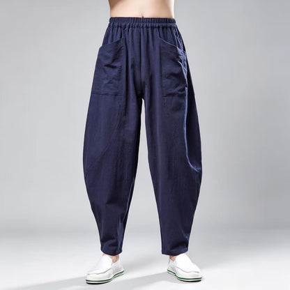 Men's Navy Linen Wide Leg Harem Pants – additional product view
