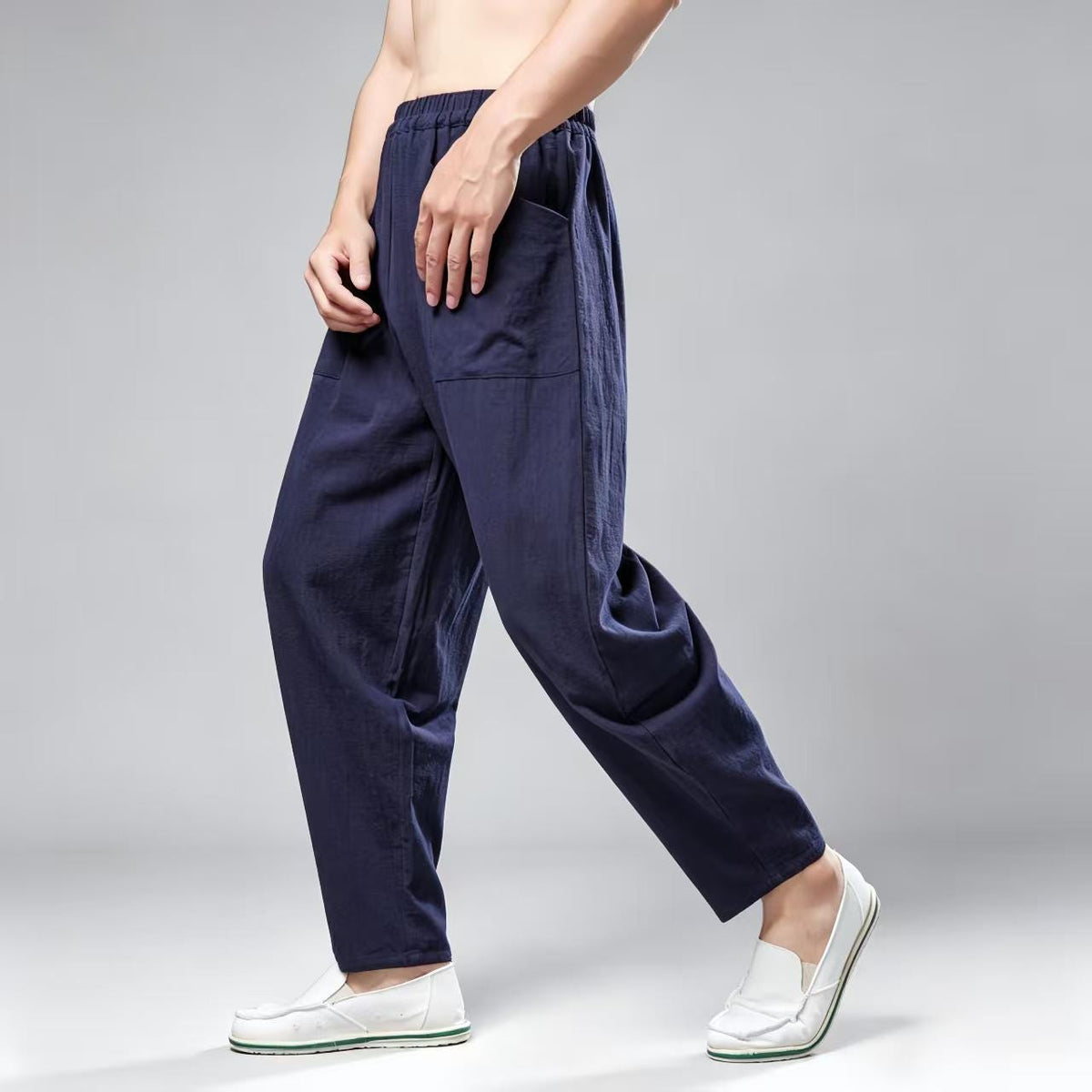 Men's Navy Linen Wide Leg Harem Pants – additional product view