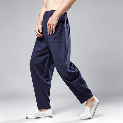 Men's Navy Linen Wide Leg Harem Pants – additional product view