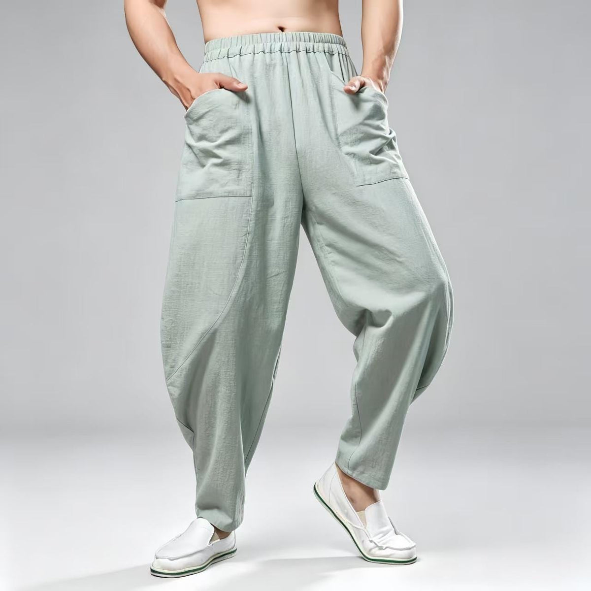 Men's Navy Linen Wide Leg Harem Pants – additional product view
