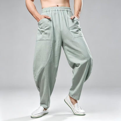 Men's Navy Linen Wide Leg Harem Pants – additional product view