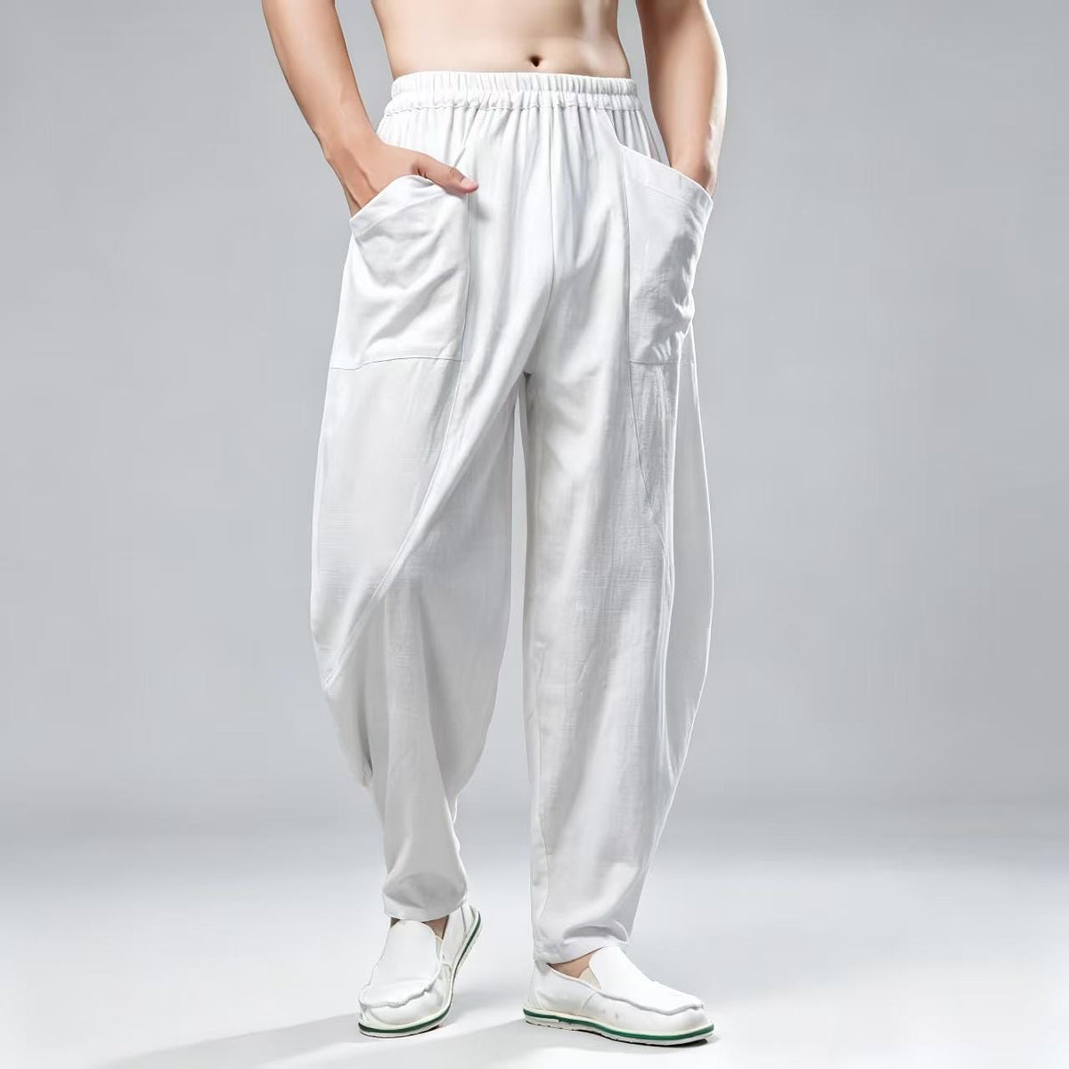 Men's Navy Linen Wide Leg Harem Pants – additional product view