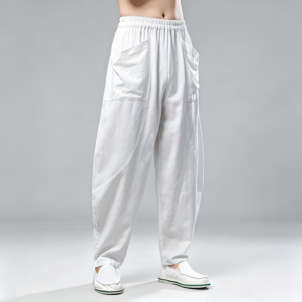 Men's Navy Linen Wide Leg Harem Pants – additional product view