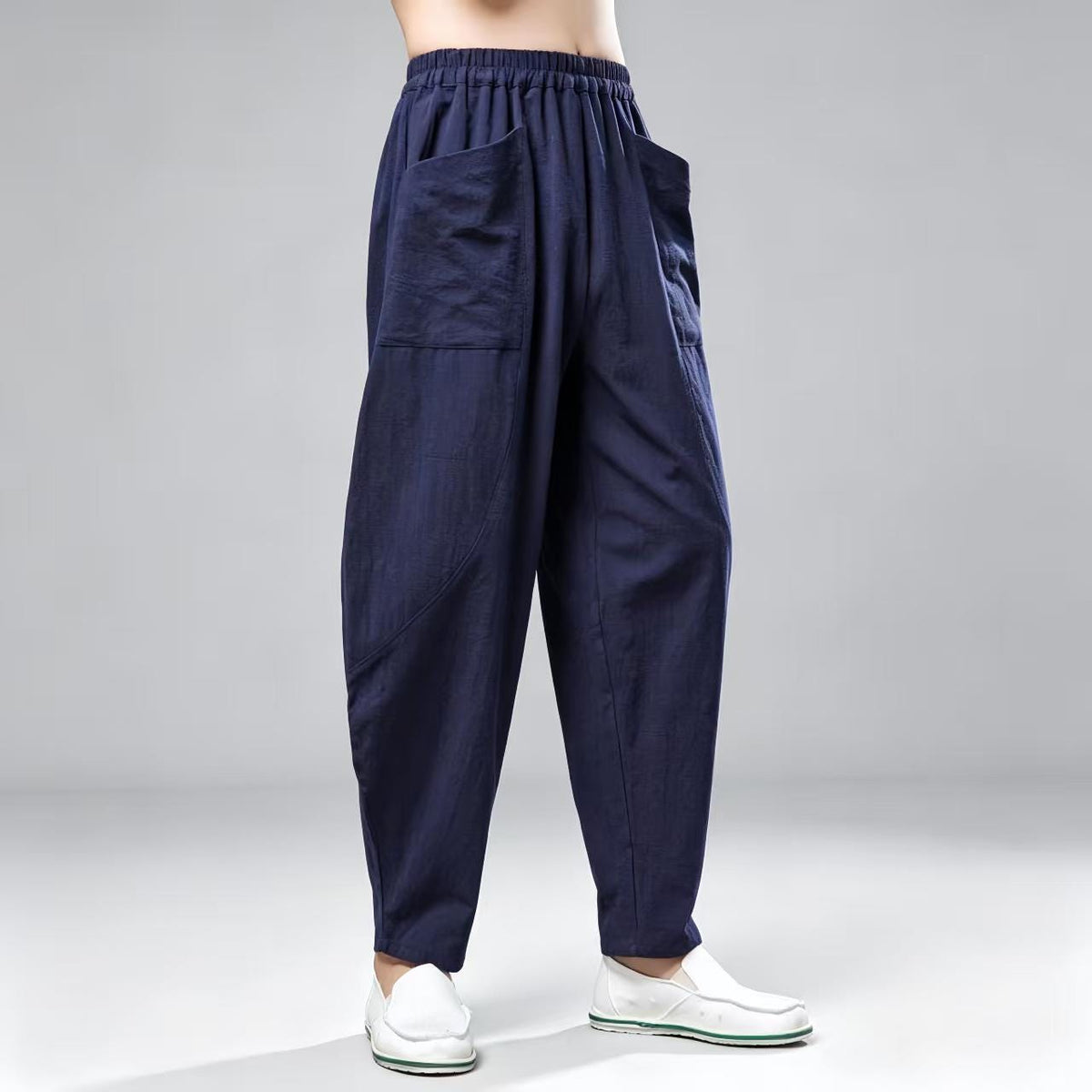 Men's Navy Linen Wide Leg Harem Pants – additional product view