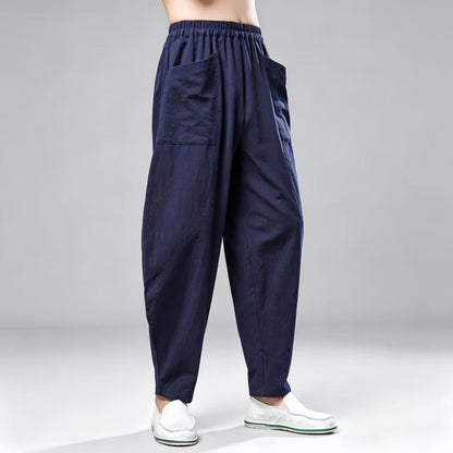 Men's Navy Linen Wide Leg Harem Pants – additional product view