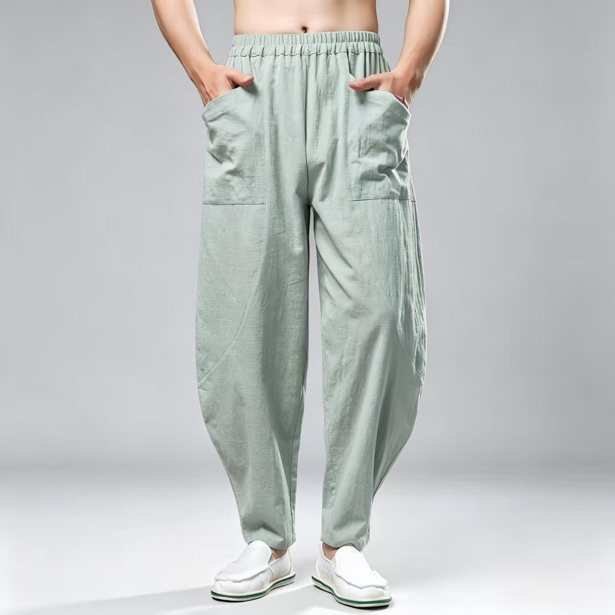 Men's Navy Linen Wide Leg Harem Pants – additional product view