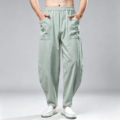 Men's Navy Linen Wide Leg Harem Pants – additional product view