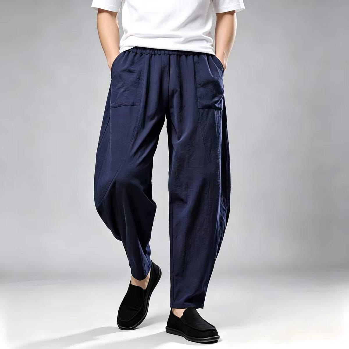 Men's Navy Linen Wide Leg Harem Pants
