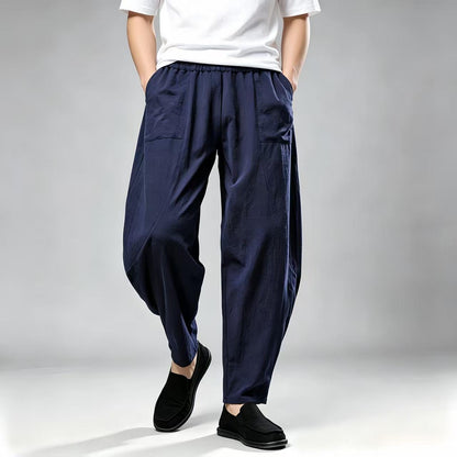 Men's Navy Linen Wide Leg Harem Pants